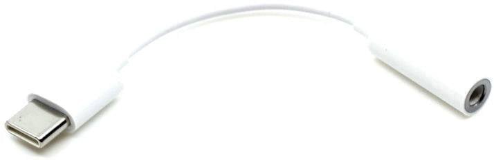 Biały adapter z gniazdem USB-C po jednej stronie i gniazdem słuchawkowym 3,5 mm po drugiej stronie.