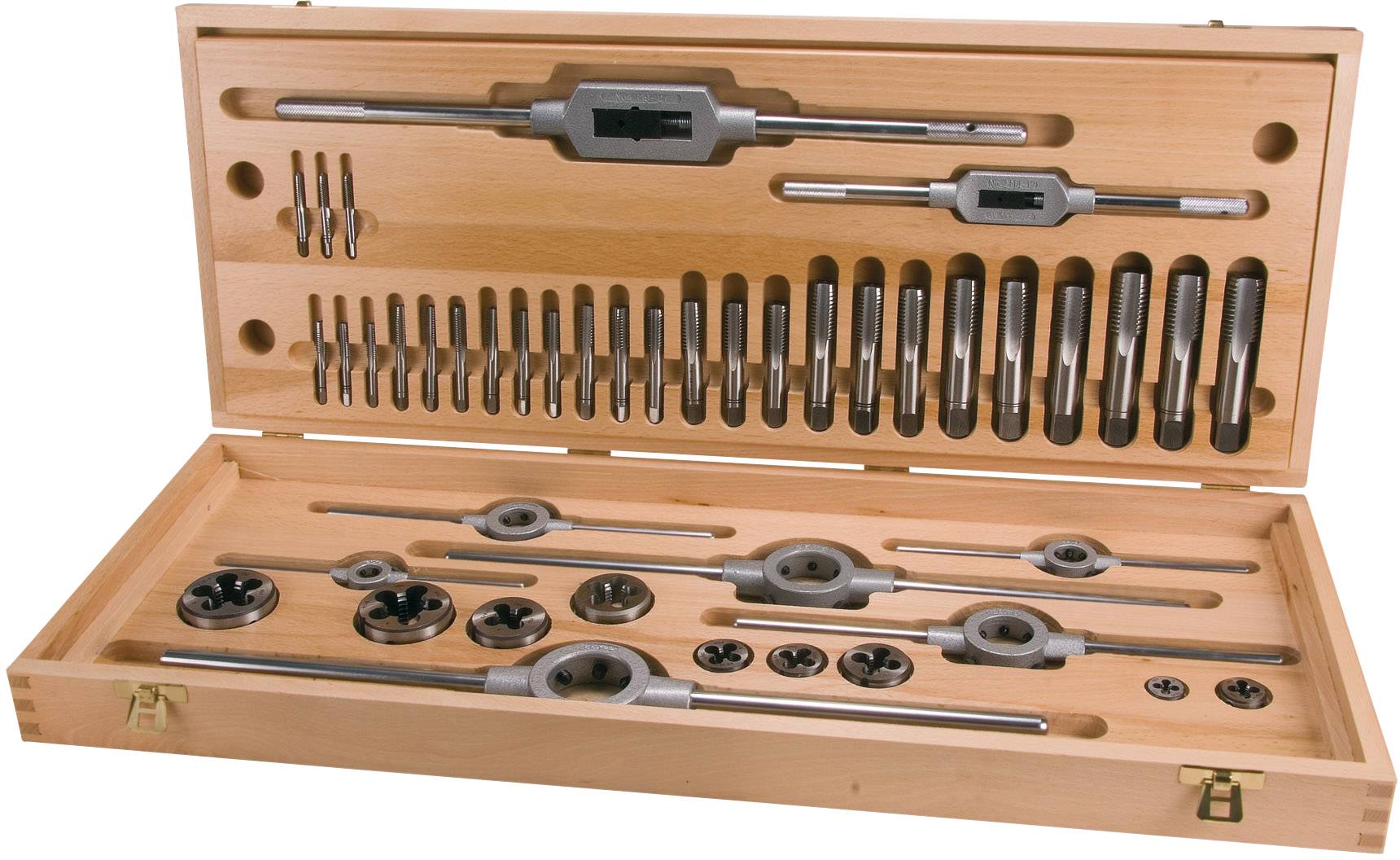 Drewniana skrzynka z zestawem gwintowników, obejmująca różne gwintowniki, narzynki i uchwyty, ułożone w schludny i uporządkowany sposób.