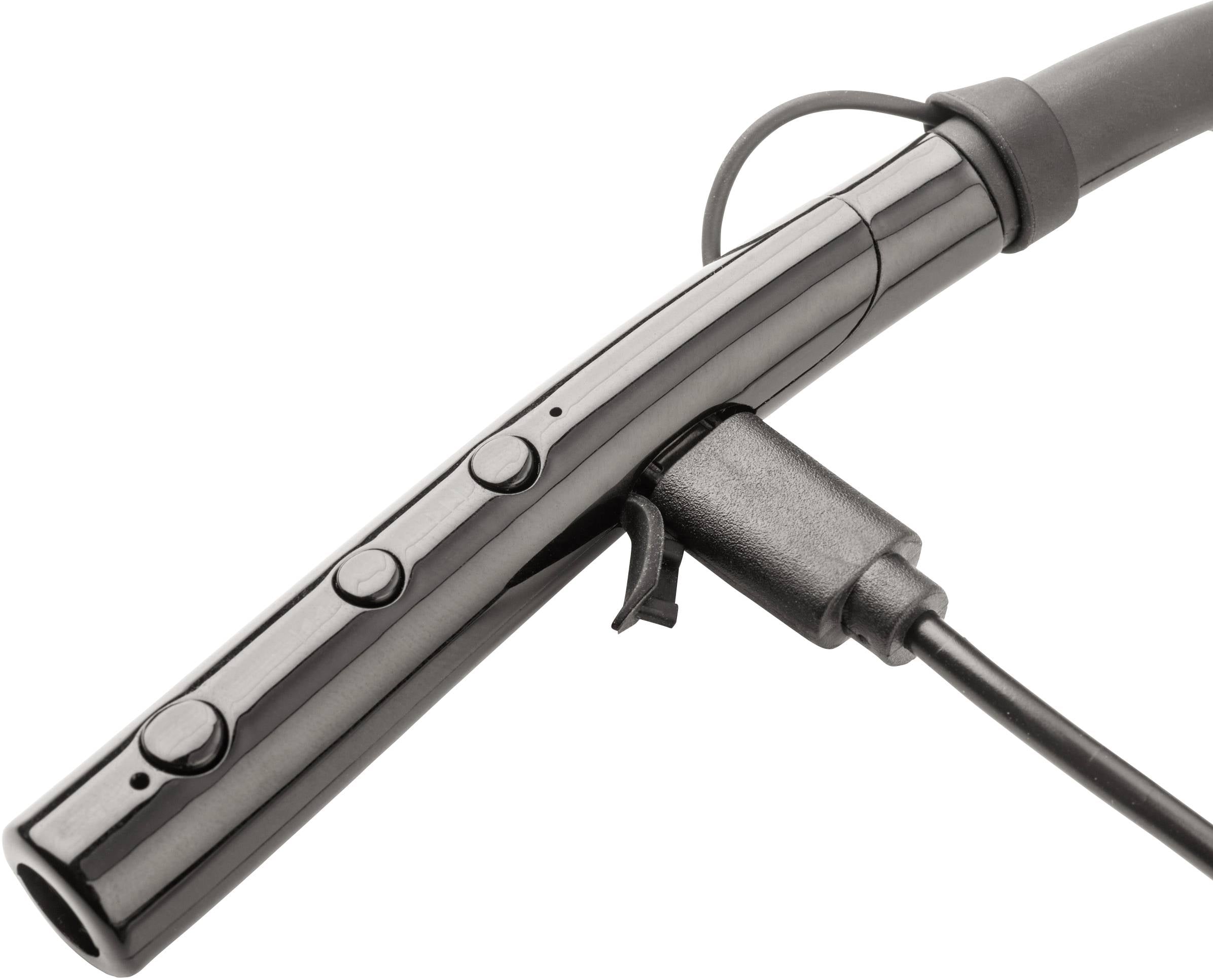 Pióro wycieraczki z czarnej gumy z klipsem mocującym i przewodem.