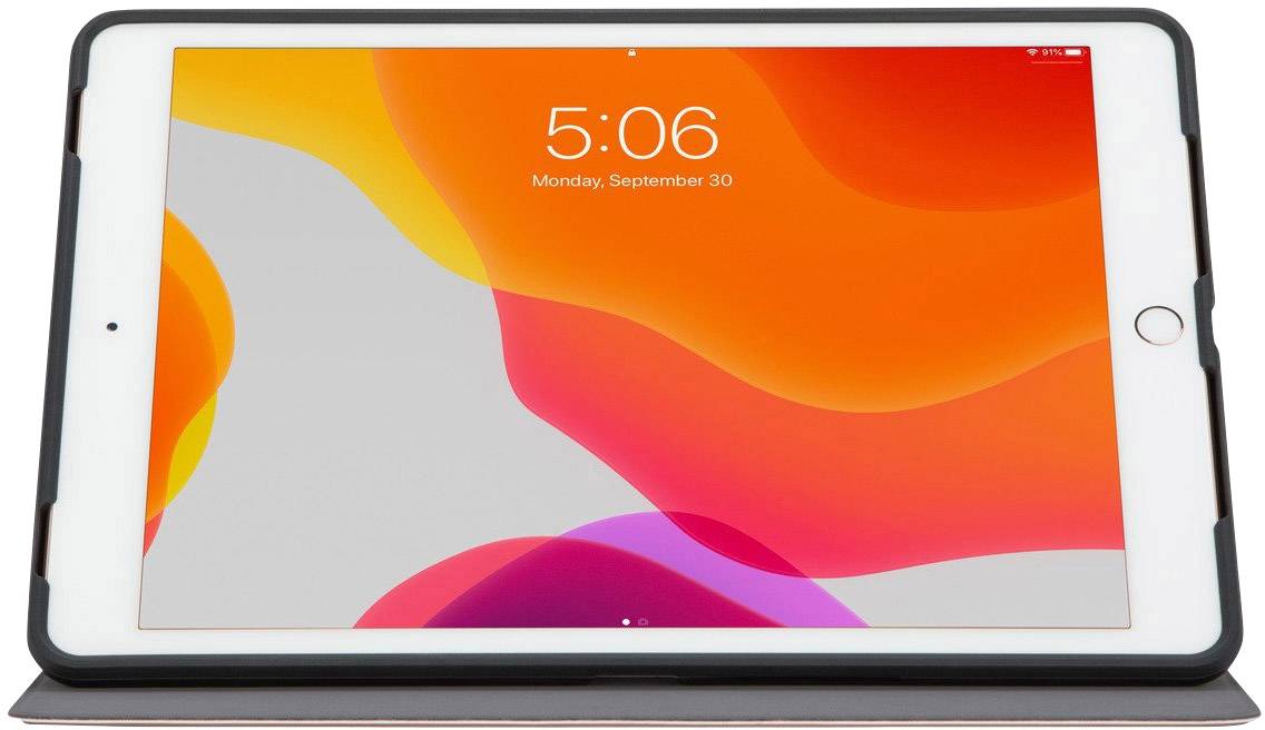Tablet z różowo-pomarańczowym ekranem wyświetla godzinę 5:06 oraz datę poniedziałek, 30 września.