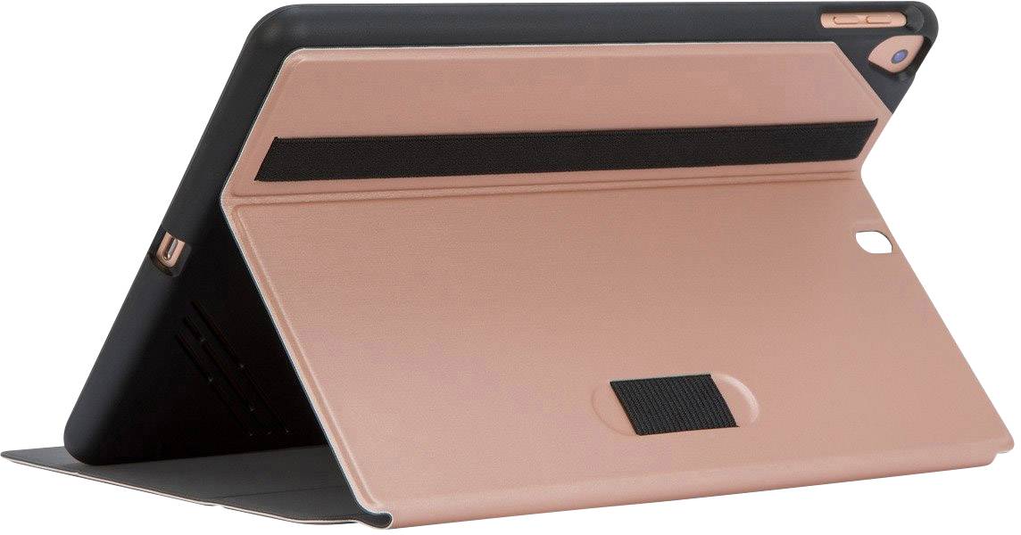 Różowa obudowa na tablet z czarną ramką jest otwarta. Prezentuje tylną stronę tabletu, nadająca się do ochrony i ustawienia w pozycji pionowej.