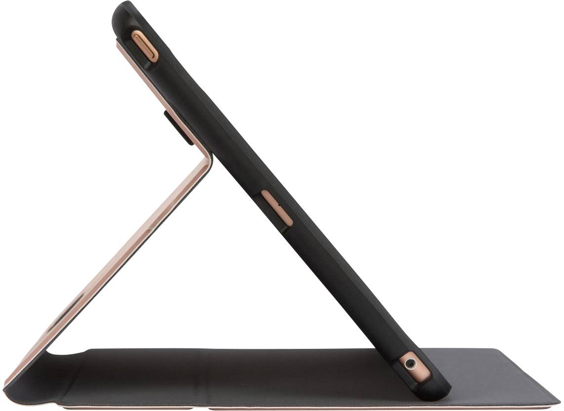 Tablet w czarnym etui ochronnym, ustawionym w orientacji poziomej. Etui pełni funkcję podstawki. Widoczne są przyciski kamery i sterowania.