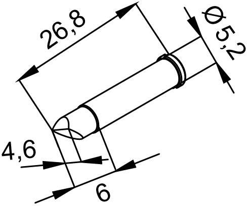 Rysunek techniczny cylindrycznego obiektu z wymiarami: długość 26,8 mm, średnica 5,2 mm, ścięty czubek 6 mm, kąt 4,6°.