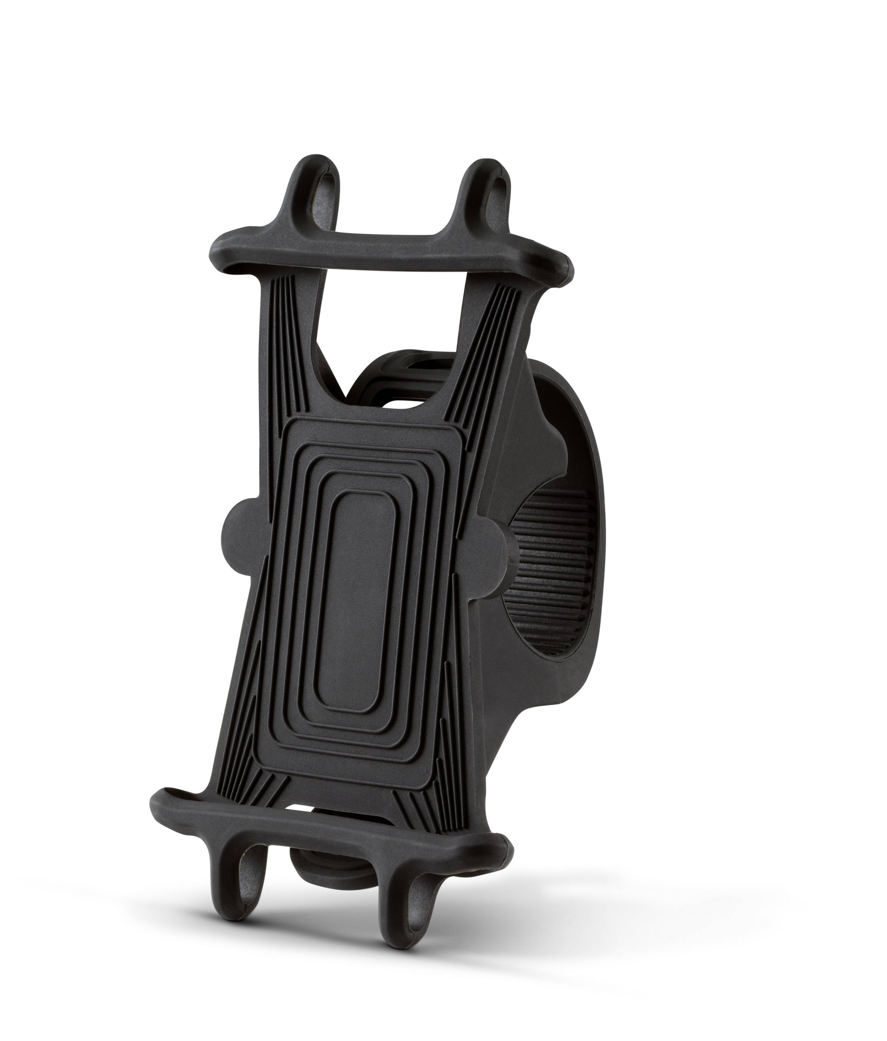 Czarna, elastyczna uchwyt do smartfona w stylu kratownicy, odpowiedni do mocowania na kierownicy roweru.