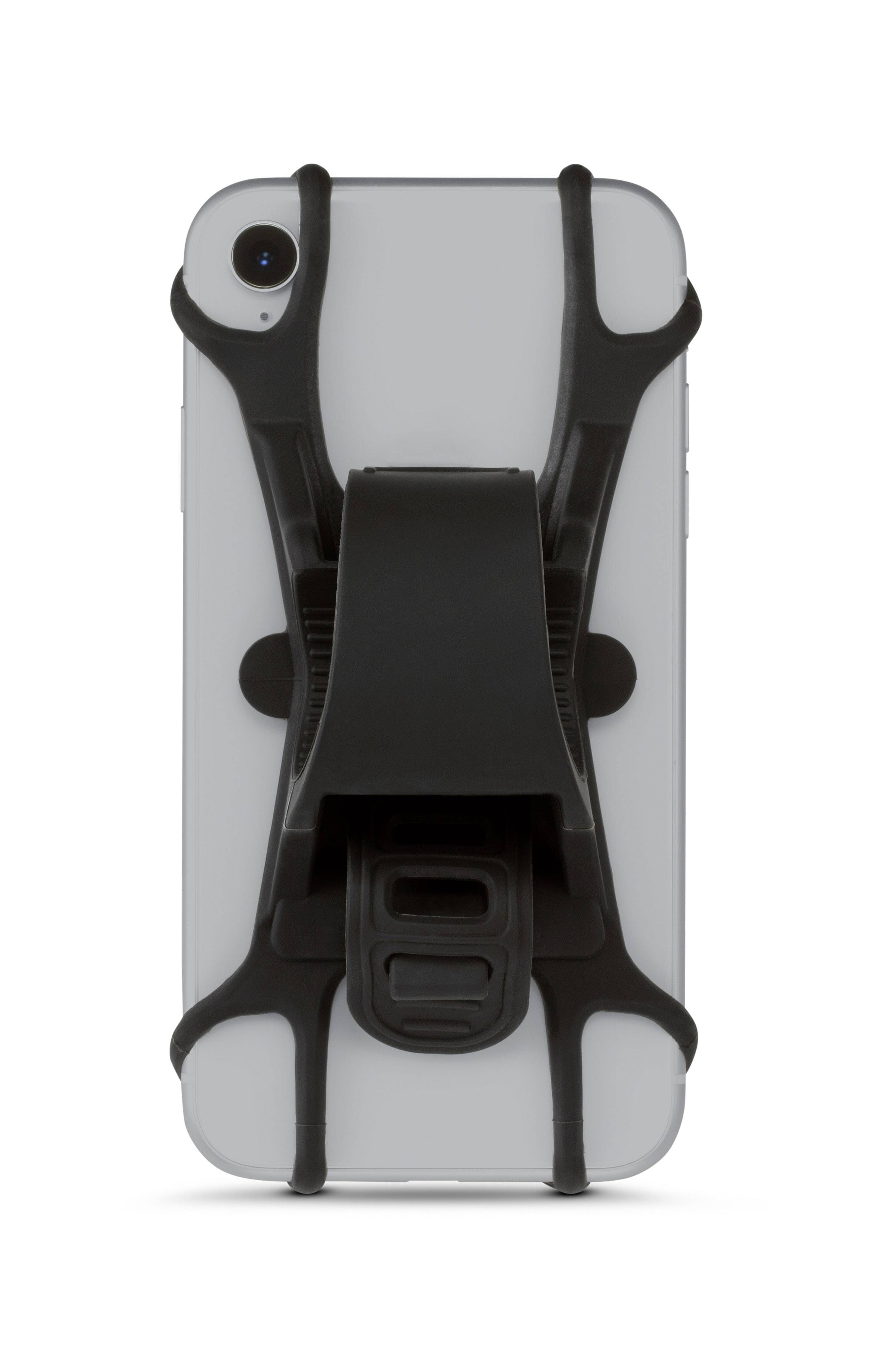 Smartfon z czarnym uchwytem, który wygląda jak elastyczny zacisk. Uchwyt stabilnie obejmuje urządzenie.