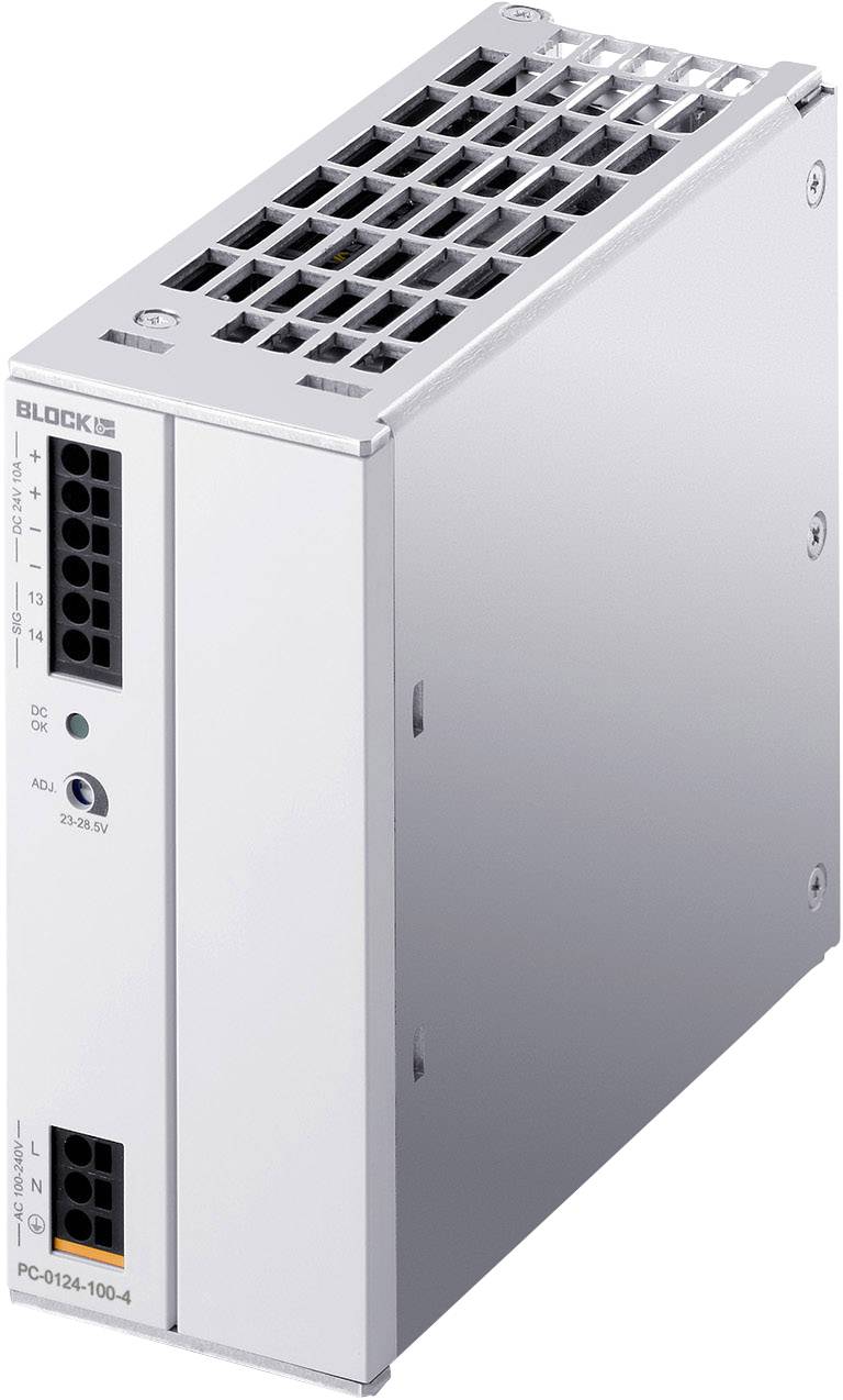 Białe, prostokątne urządzenie elektroniczne z otworami wentylacyjnymi i gniazdami przyłączeniowymi z przodu, o nazwie marki 'Block'.