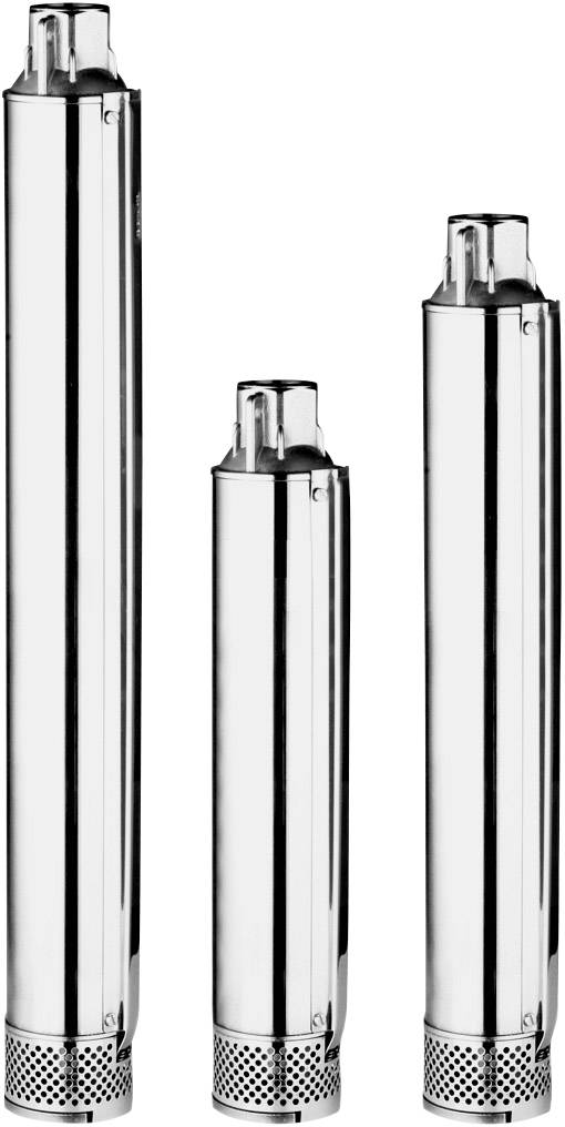 Trzy srebrne cylindryczne pompy wodne o różnych wysokościach, stojące pionowo obok siebie.
