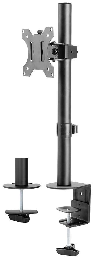 Regulowana podstawka pod monitor z czarnego metalu z zaciskiem, odpowiednia do zamocowania na biurku.