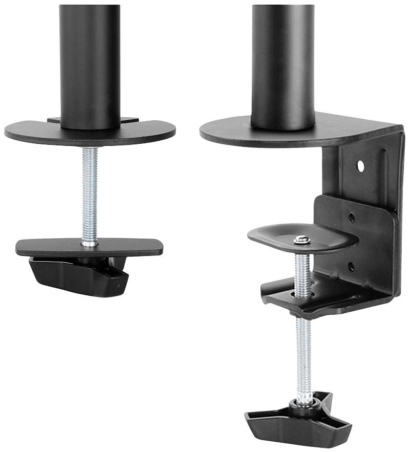 Dwie czarne uchwyty biurkowe z zaciskami śrubowymi do mocowania na krawędziach blatu. Odpowiednie dla monitorów lub podobnych instalacji.