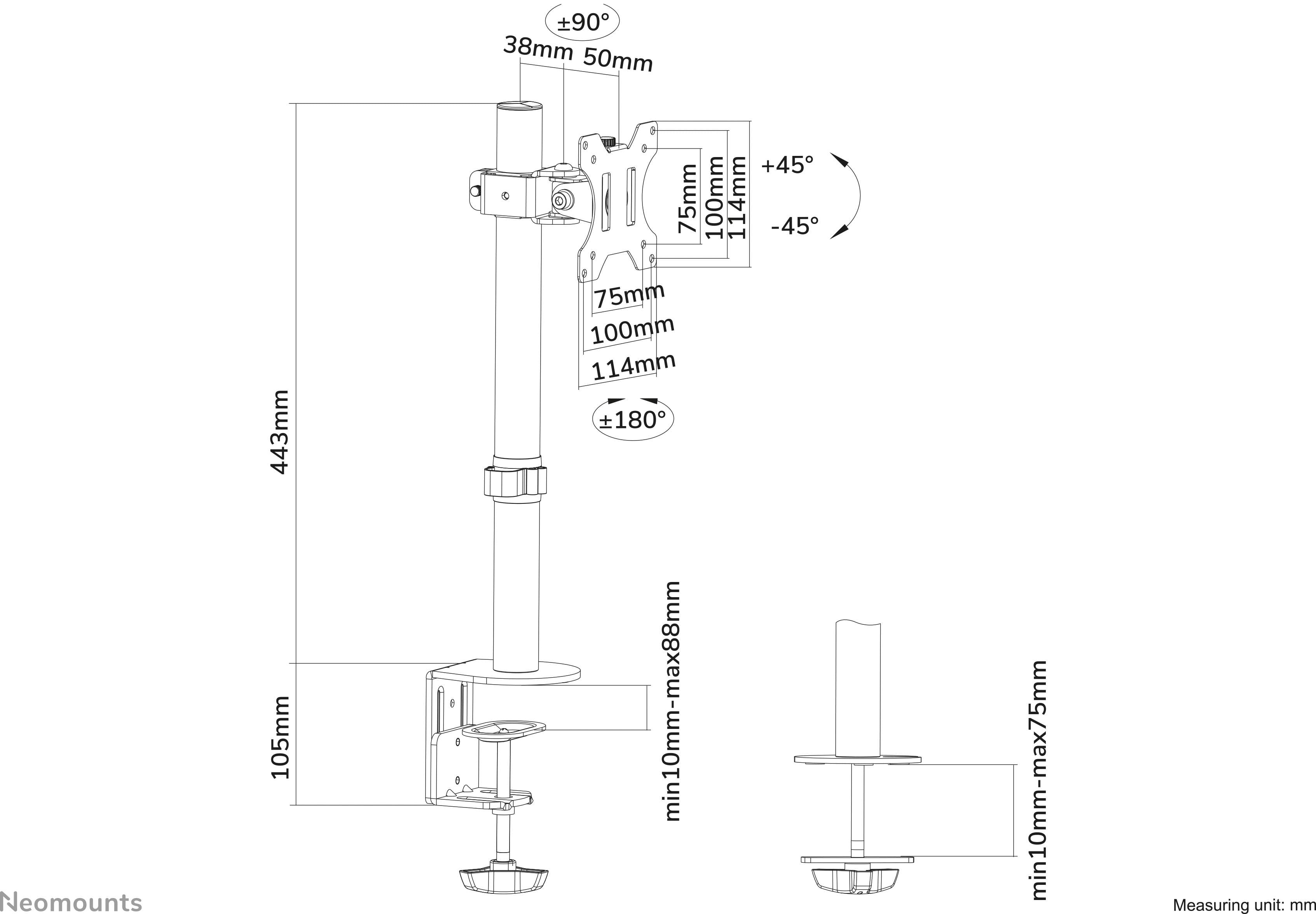Rysunek techniczny uchwytu do monitora z wymiarami w milimetrach. Przedstawia szczegóły takie jak kąty obrotu i pochylenia oraz opcje mocowania.