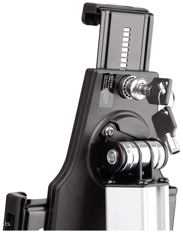 Czarny zamek rowerowy z otworem na klucz u góry, klucz jest włożony. Pionowy uchwyt z pionowymi oznaczeniami poniżej.