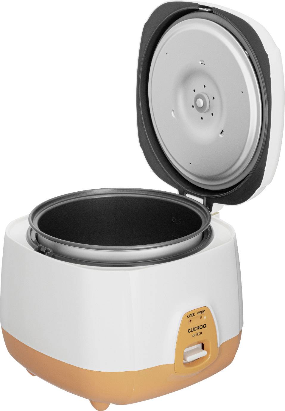 Biały i pomarańczowy ryżowar z otwartą pokrywą i wyjmowaną misą, gotowy do gotowania.