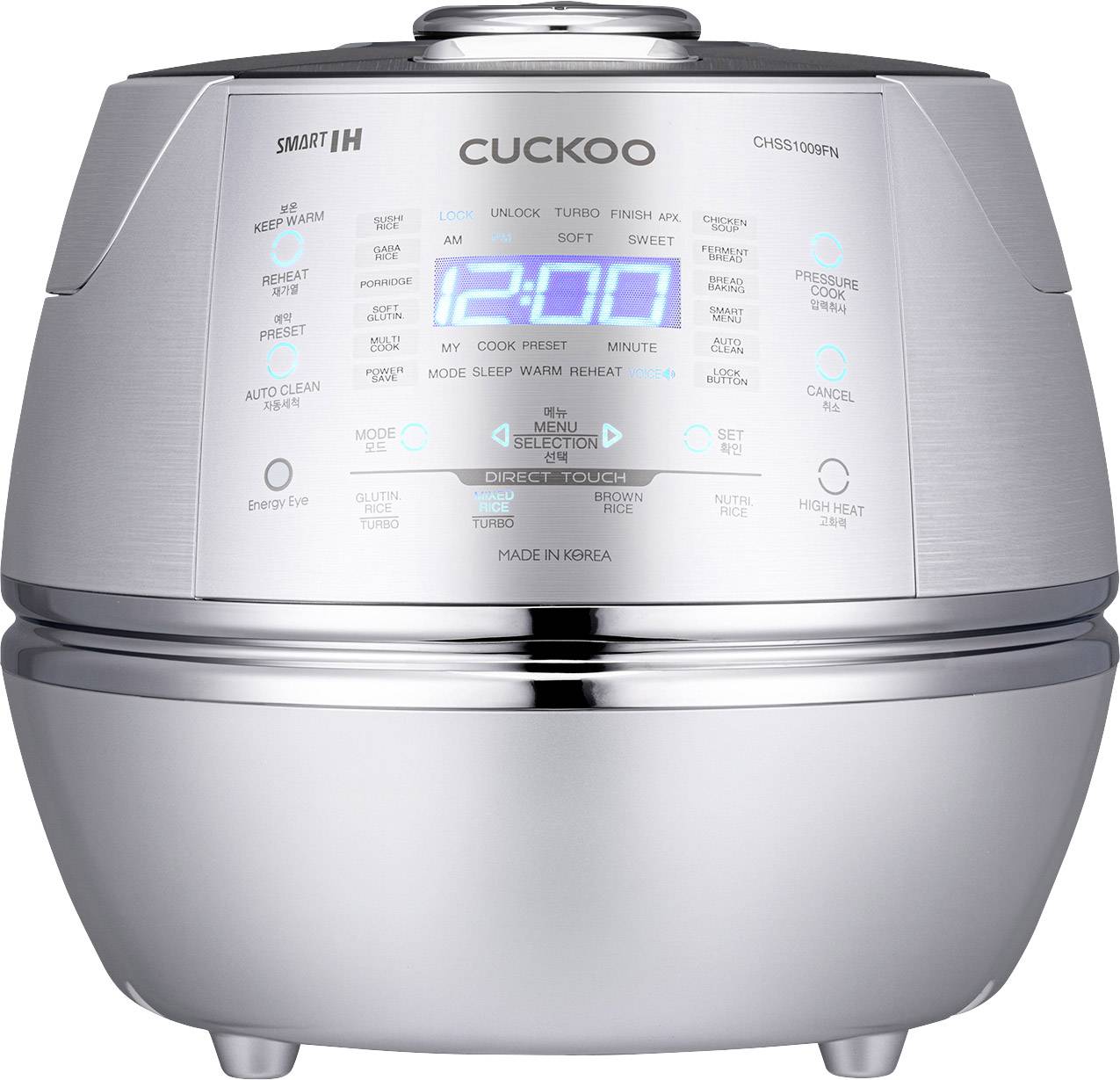 Srebrny ryżowar z cyfrowym wyświetlaczem pokazuje godzinę 12:00. Na przedniej części urządzenia widoczne są różne tryby gotowania i ustawienia.