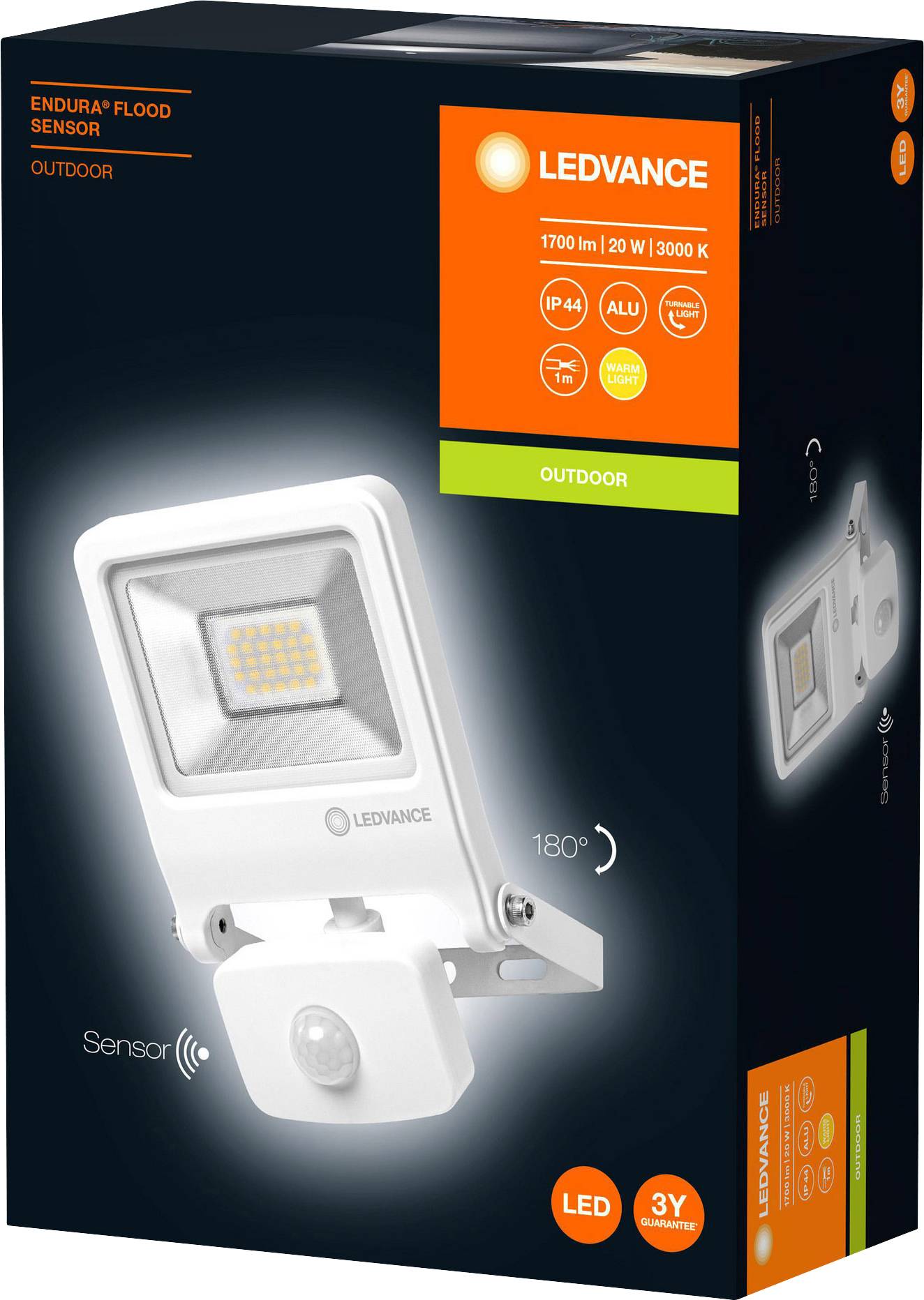 'Reflektor LED LEDVANCE z czujnikiem do zastosowań zewnętrznych, 20 W, 1700 lm, 3000 K, IP44, obrotowy, 3 lata gwarancji. Opakowanie z ilustracją.'