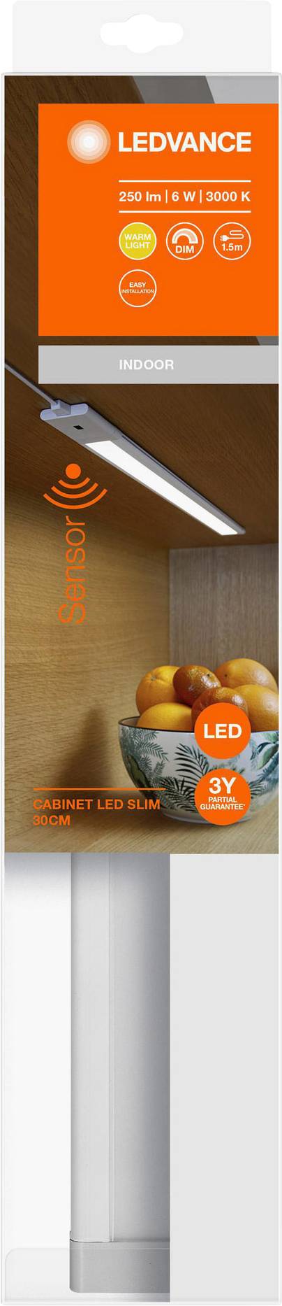 Opakowanie oprawy LED 'LEDVANCE': 250 lm, 6 W, 3000 K. Odpowiednie do wnętrz, pasek LED do szafki. Energooszczędny design.