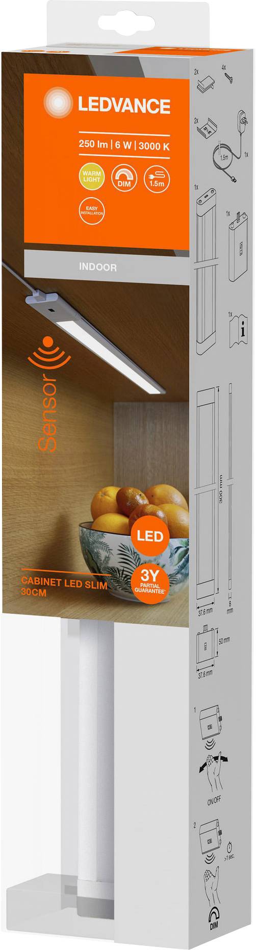Opakowanie lampy LED Ledvance, 250 lm, 3.000 K, do użytku wewnętrznego, z funkcją czujnika ruchu, 3-letnia gwarancja.