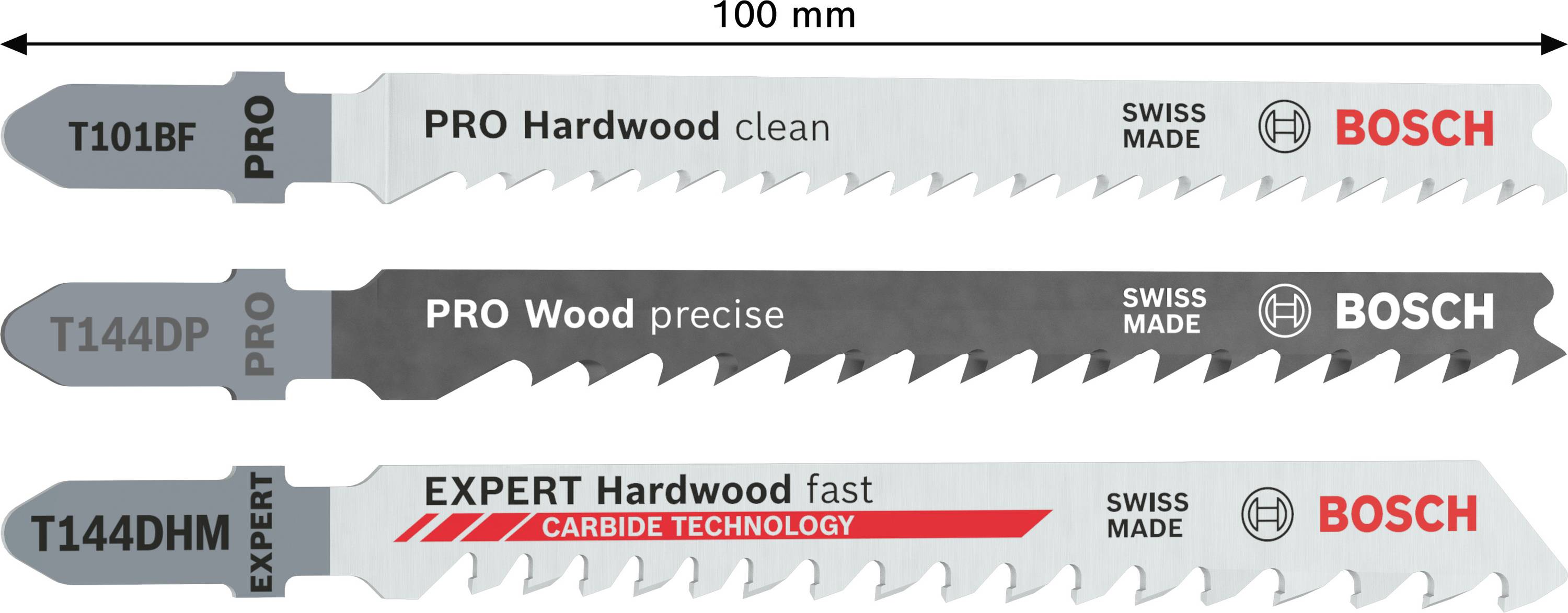 Trzy brzeszczoty Bosch: T101BF do czystego cięcia twardego drewna, T101D do precyzyjnego drewna, T144DHM do szybkiego twardego drewna z technologią węglika.
