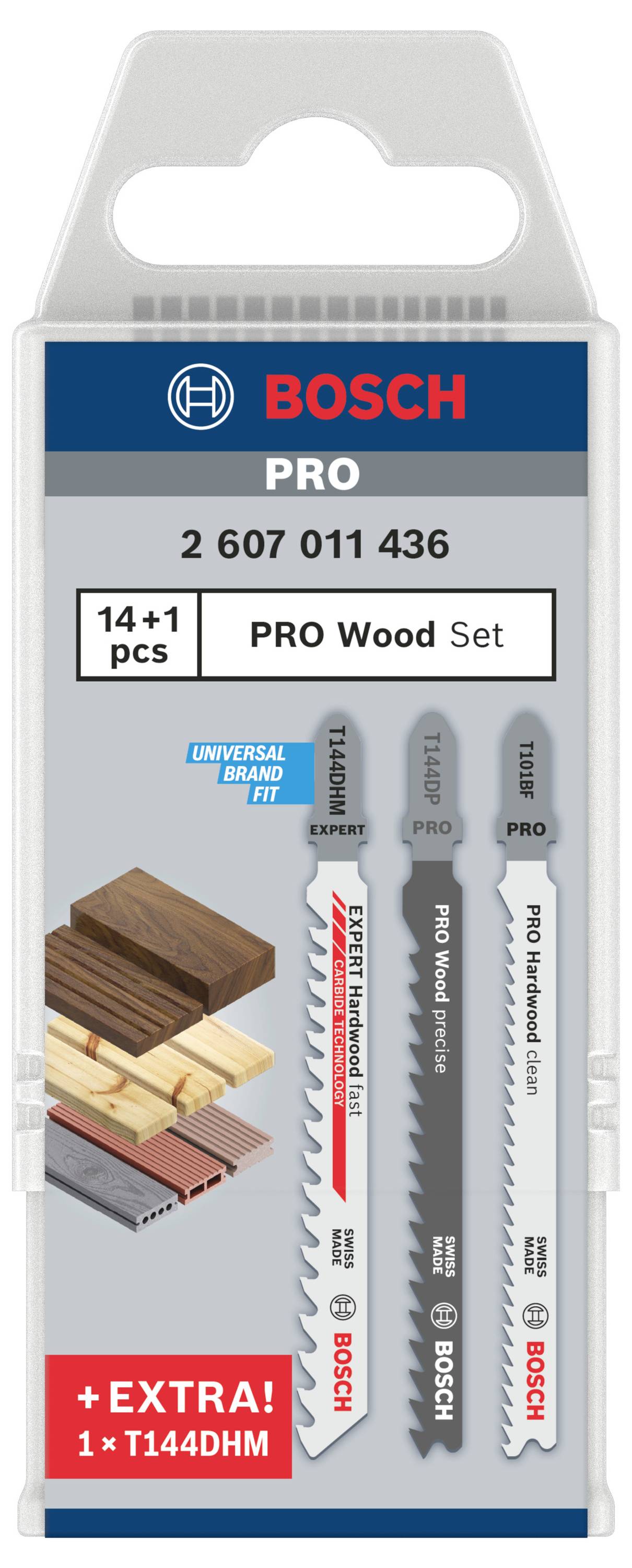 Zestaw brzeszczotów do drewna firmy Bosch. Zawiera 14+1 części, odpowiedni do zastosowania profesjonalnego i uniwersalnego. Zawiera dodatkowo 1 T144DHM.