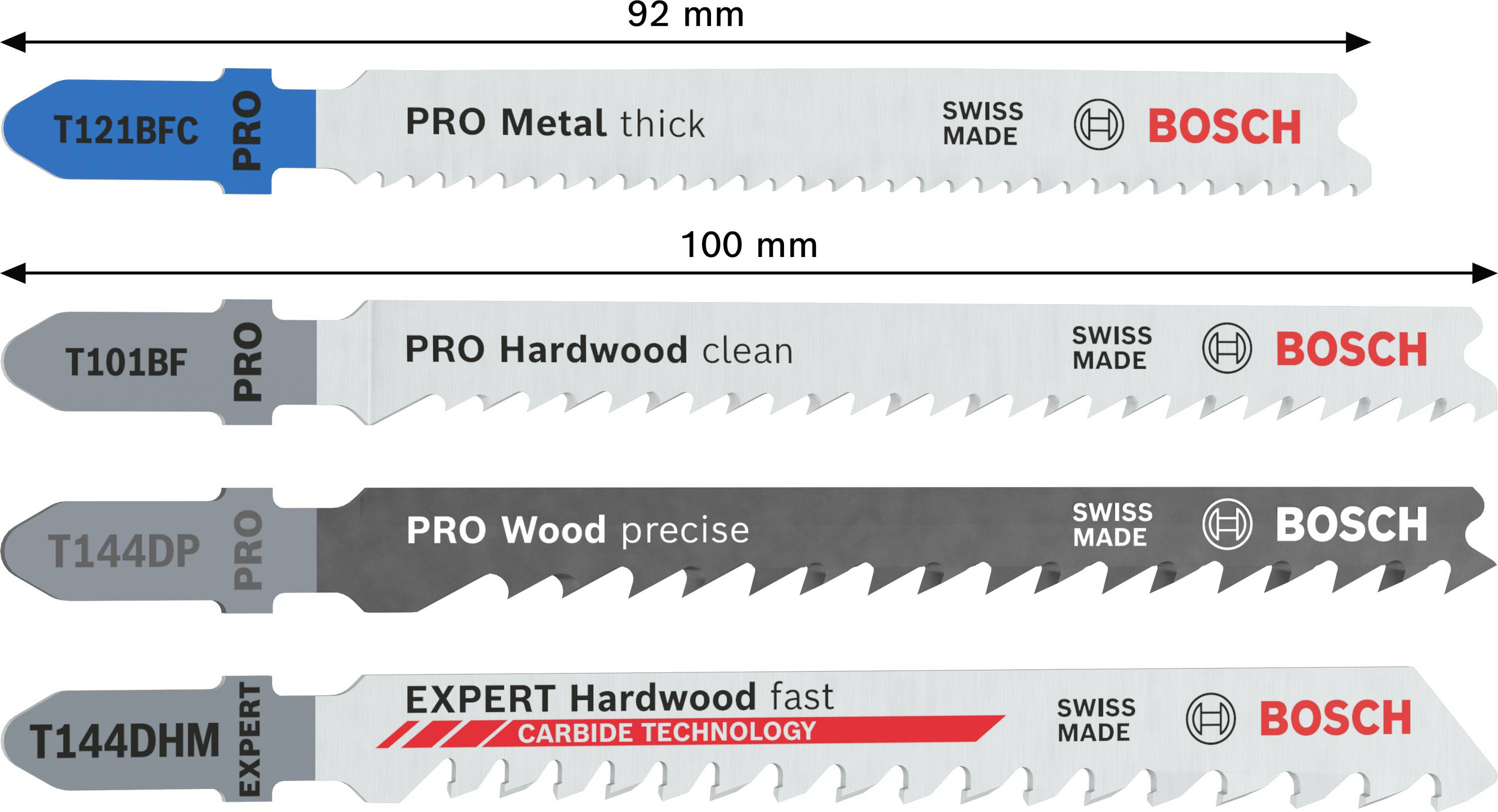 Brzeszczoty w różnych wzorach: metal gruby, drewno twarde czysto, drewno precyzyjnie, drewno twarde szybko. Podana nazwa marki i wymiary.
