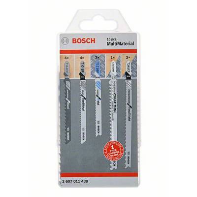 Zestaw brzeszczotów Bosch Multimaterial, 15-elementowy, w opakowaniu z tworzywa sztucznego; różne kolory i rodzaje do różnych zastosowań.