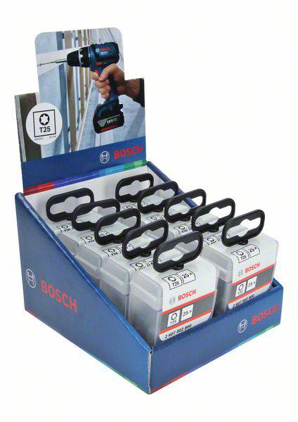 Zestaw bitów Bosch Display z wieloma pudełkami bitów śrubowych. Zdjęcie przedstawia zbliżenie wyświetlacza i bitów z charakterystycznym logo Bosch.