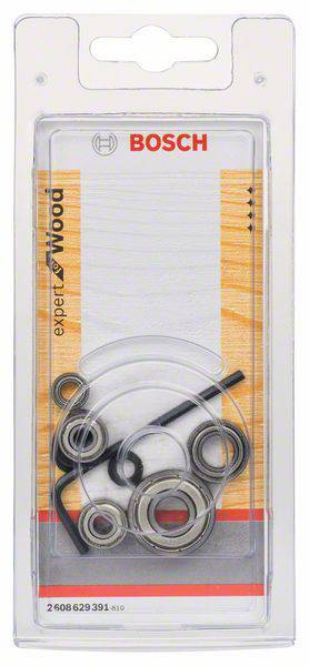 Opakowanie z pierścieniowymi łożyskami Bosch i narzędziem do obróbki drewna, oznaczone napisem 'expert for Wood' i numerem części 2 608 629 391.