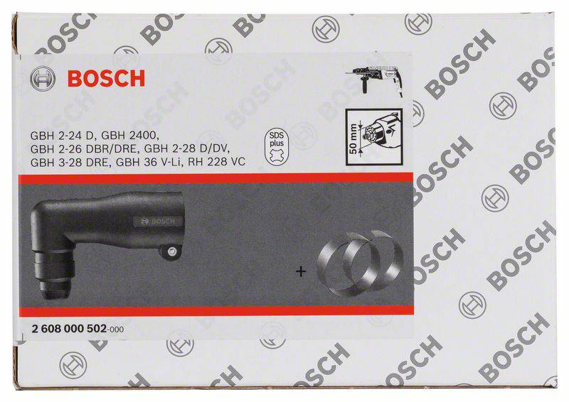 Opakowanie 'Bosch' dla adaptera kątowego uchwytu wiertarskiego SDS-plus. Prezentuje adapter, kompatybilne modele oraz logo marki.