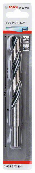 Wiertło Bosch w opakowaniu. HSS PointTeQ, 13 mm. Długość 151 mm. Srebrno-czarne, do obróbki metalu. Logo marki u góry, numer artykułu u dołu.