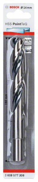 Opakowanie wiertła Bosch HSS PointTeQ o średnicy 14 mm, długości 150 mm, przeznaczonego do obróbki metalu.