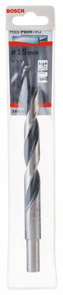 Wiertło do metalu Bosch HSS PointTeQ, o średnicy 15 mm, przeznaczone do obróbki metalu, pakowane w plastikowe pudełko z informacjami o produkcie.
