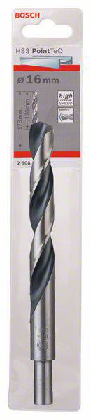 Opakowanie wiertła do metalu Bosch HSS PointTeQ, średnica 16 mm, przeznaczone do wiercenia w metalach, w przezroczystym opakowaniu z tworzywa sztucznego.