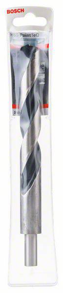 Wiertło Bosch w opakowaniu, odpowiednie do betonu i muru. Srebrne z czarno-białym wzorem spiralnym.