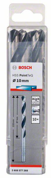 Opakowanie dziesięciu wierteł HSS o średnicy 10 mm firmy Bosch, model PointTeQ; przeznaczone do wiercenia w metalu, wyróżnione certyfikatem 'High Speed'.