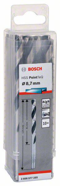 Zestaw wierteł Bosch HSS PointTeQ, średnica 8,7 mm, długość 125 mm, 10 sztuk, do szybkiego wiercenia w metalu.