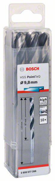Zestaw wierteł Bosch HSS PointTeQ, rozmiar 9,8 mm, 10 sztuk. Idealny do szybkiego wiercenia w metalu. Opakowanie z informacjami o produkcie.