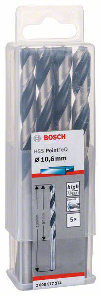 Zestaw wierteł Bosch 'HSS PointTeQ' składający się z 5 wierteł, średnica: 10,6 mm. Opakowanie prezentuje szczegóły produktu i jego wymiary.