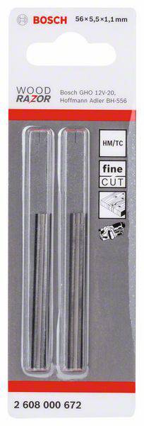 Opakowanie z dwoma metalowymi ostrzami firmy Bosch, model 'Wood Razor', przeznaczonymi do precyzyjnej obróbki drewna, kompatybilnymi z odpowiednimi elektronarzędziami.