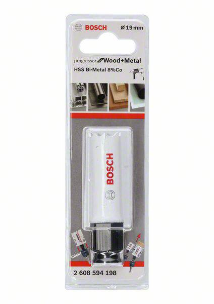 'Piła otwornica Bosch, Ø 19 mm, do drewna i metalu; HSS Bi-Metal 8% Co; Numer modelu: 2 608 594 198; Zapakowana w blister.'