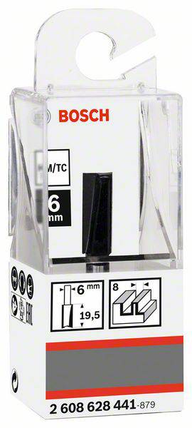 Opakowanie frezu Bosch, 6 mm, z węglika spiekanego, do obróbki drewna. Nadrukowane informacje o produkcie i szczegóły techniczne.