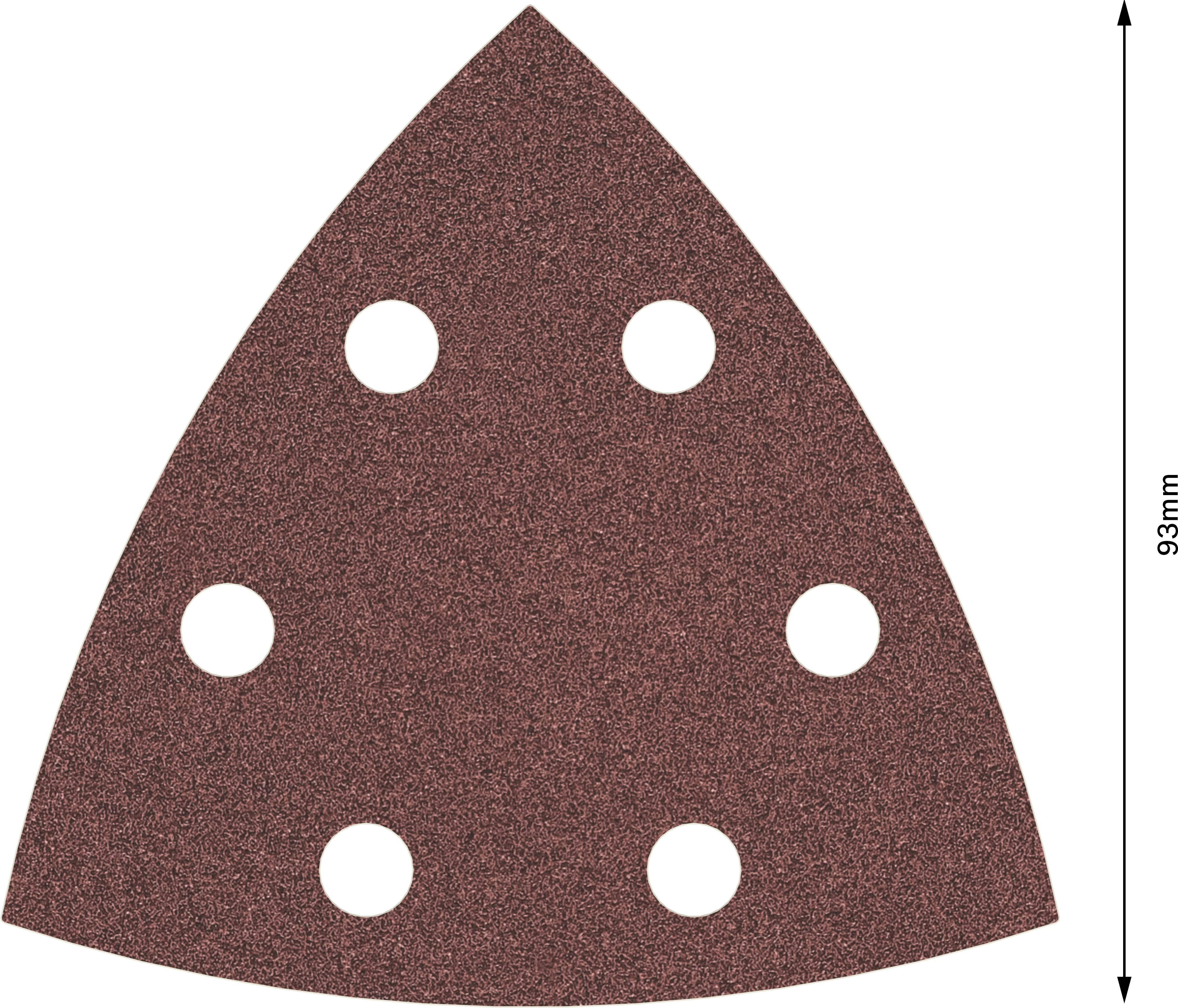 Trójkątny papier ścierny z sześcioma otworami, długość 93 mm.