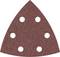 Brązowy papier ścierny w kształcie trójkąta z sześcioma otworami kołowymi, stosowany w szlifierkach do obróbki powierzchni.