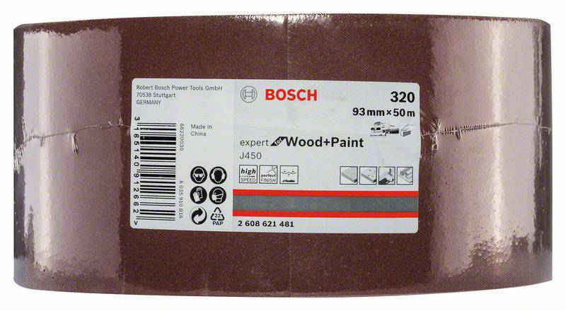 'Papier ścierny Bosch, ziarnistość 320, 93 mm x 50 m, odpowiedni do drewna i farby. Wyprodukowany w Chinach.'