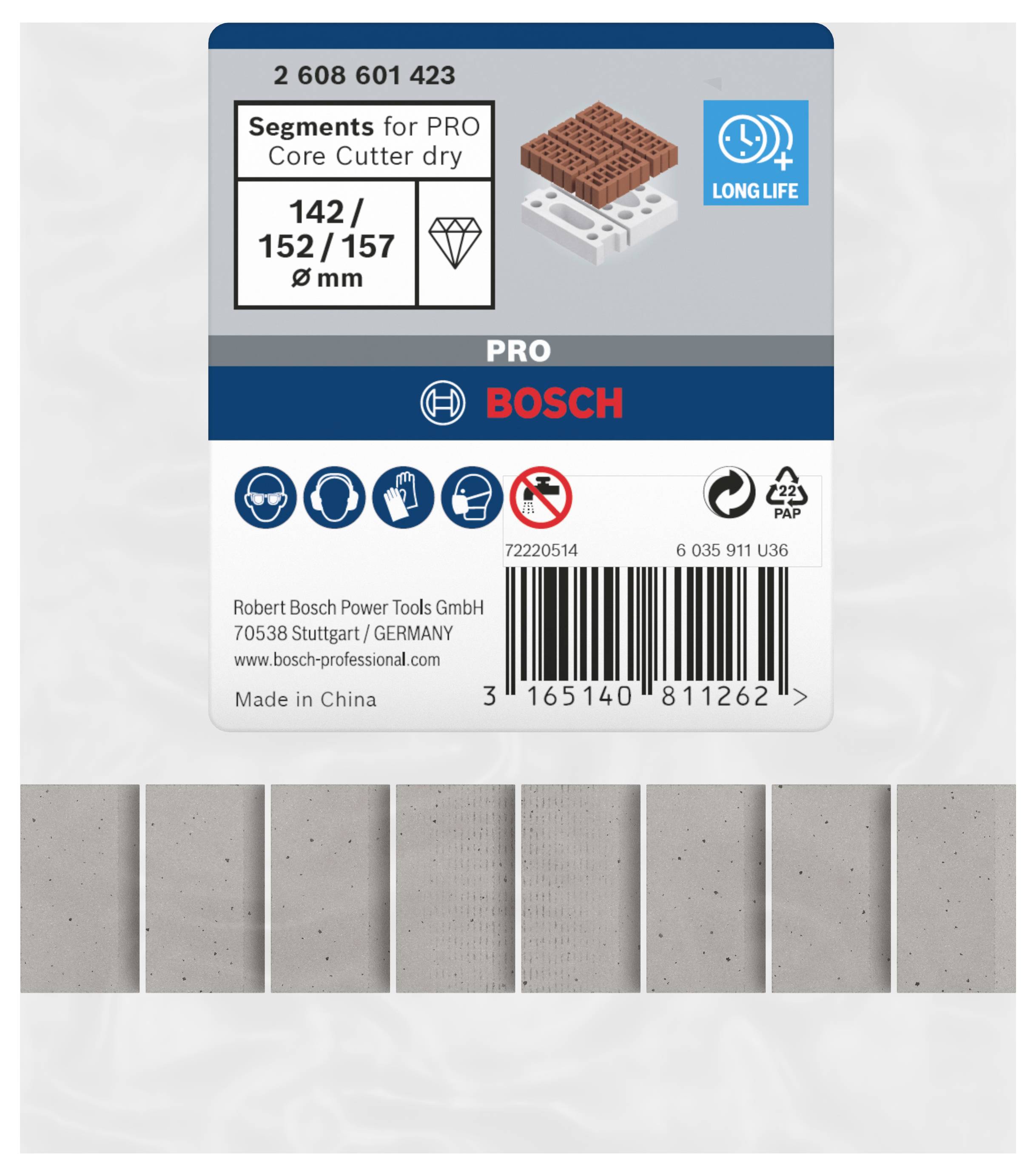 Opakowanie segmentu do wiertła koronowego PRO. Zawiera szczegóły dotyczące rozmiaru '142/152/157 mm', marki 'Bosch' oraz symbol 'Longlife'.