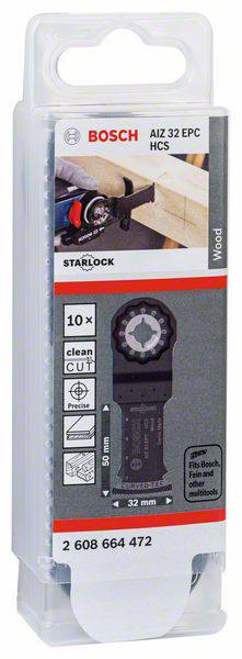 Opakowanie brzeszczotu Bosch Starlock, model AIZ 32 EPC HCS, przeznaczonego do prac w drewnie. Prezentuje obraz dłoni trzymającej brzeszczot.