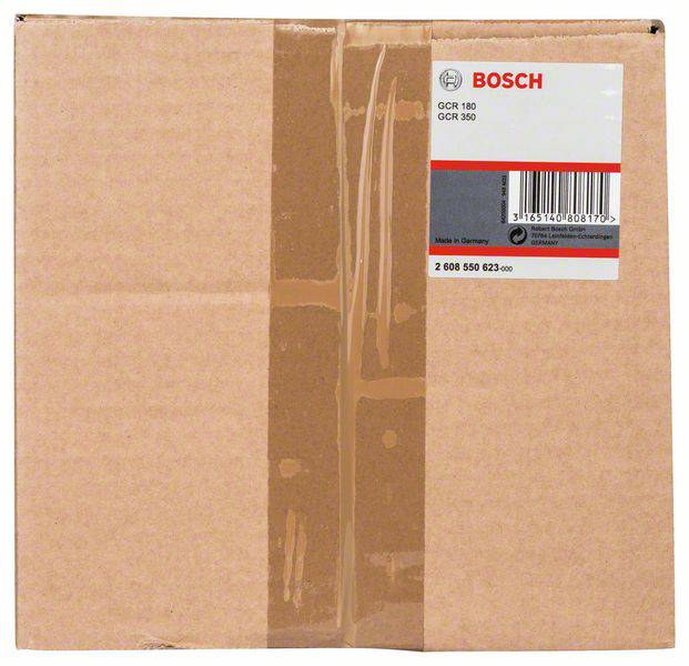 Karton z etykietą Bosch, przedstawiający szczegóły produktu i kod kreskowy. Dotyczy modeli GCR 180 i GCR 350, 'Wyprodukowano w Niemczech'.