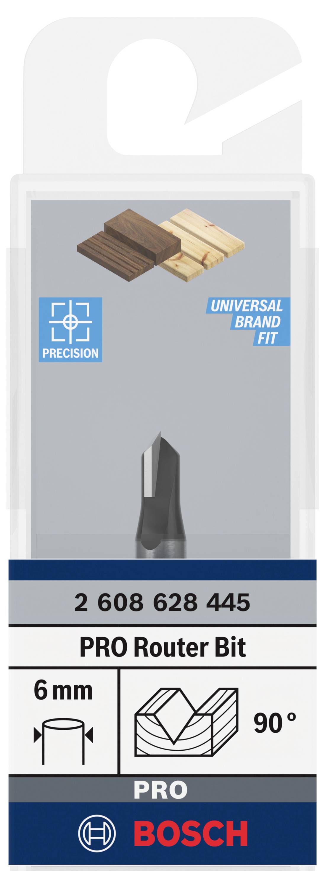 Frez górnowrzecionowy Bosch, odpowiedni do drewna, trzpień 6 mm, frez jaskółczy ogon 90 stopni. Opakowanie pokazuje precyzję i uniwersalne dopasowanie.