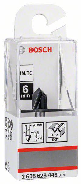 Opakowanie frezu Bosch o średnicy 6 mm, z przedstawioną głowicą frezu i szczegółami technicznymi: szerokość skrawania 6 mm, kąt 90 stopni.