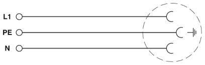 Schemat elektryczny z trzema liniami: L1, PE (uziemienie), N. Połączone z wtyczką z uziemieniem w prawym kole.