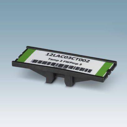 Plastikowa etykieta z napisem '12LAC03CT002 Temp 1 FWPmp 3' i kodem kreskowym, zamontowana na uchwycie.