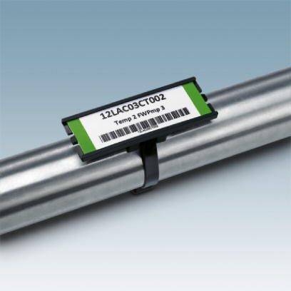 Metalowy rurociąg z etykietą o treści '12LAC03CT002 Temp 2 FW Prep 3', przymocowany opaską zaciskową.